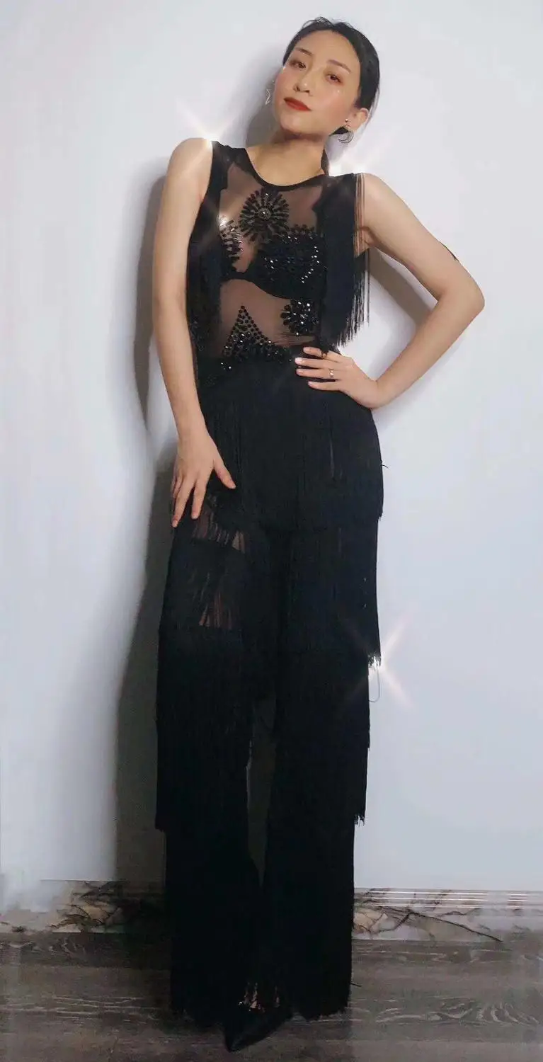 Комбинезон женский сетчатый прозрачный с бахромой черного цвета | Женская одежда