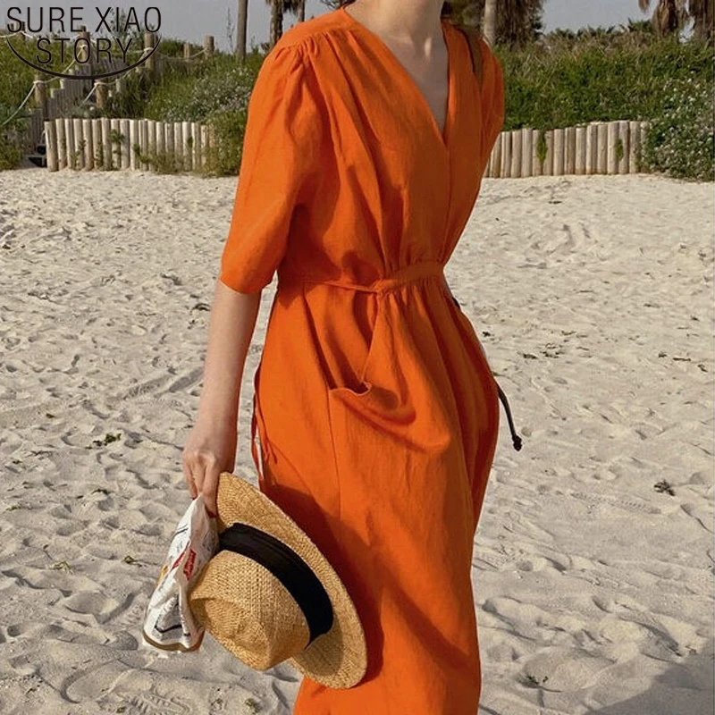 

2022 French Elegant Holiday Dresses Women Summer Short Sleeve Solid Cotton Dress V-neck Pockets Casual Loose Orange Dress 15188