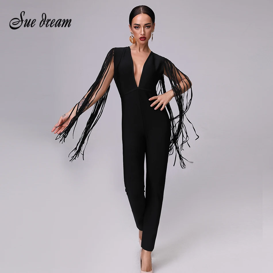 Женский сексуальный черный комбинезон с v образным вырезом без рукавов