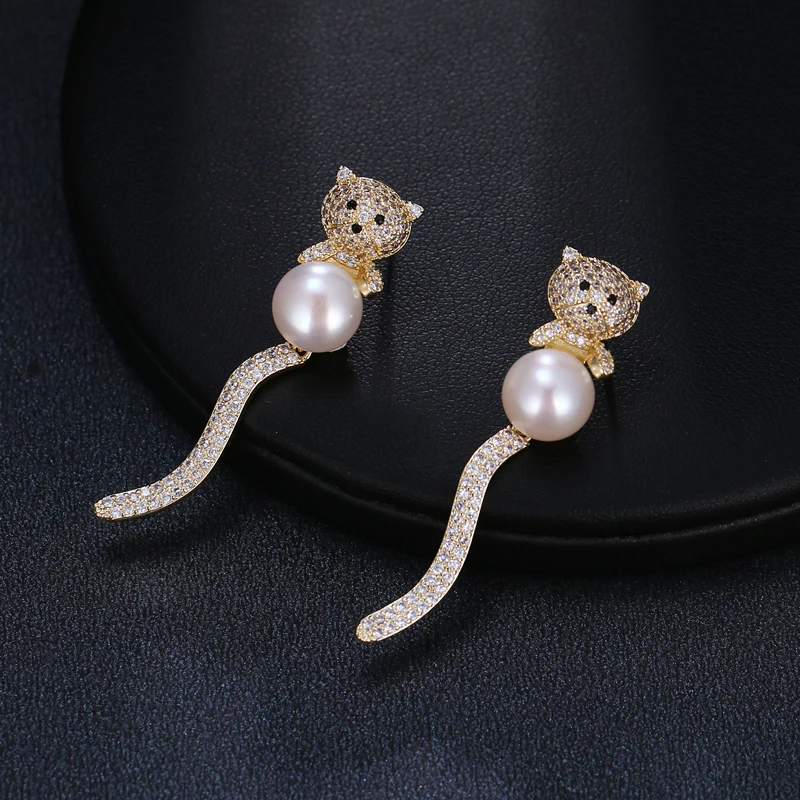 

Be8 New Cute Animal Bear Design Micro CZ Pave Pearl Stud Earrings for Women Brincos Earring Fashion Mujer Jewelry AE11