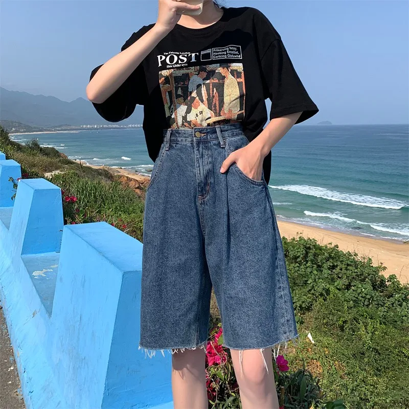 

GUUZYUVIZ Summer New Blue Denim Women Short Jeans Knee Length High Waist Plus Size Loose Ragged Side Wide Leg Boyfriend Casual