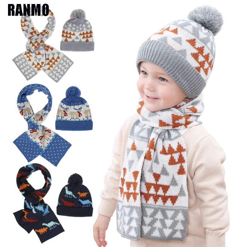 

RANMO 2Pcs/Set Baby Hat Scarf Suit Winter Spring Children Knitted Beanie Cap Kawaii Print Boys Girls Kids Warm Wool Hats Scarves