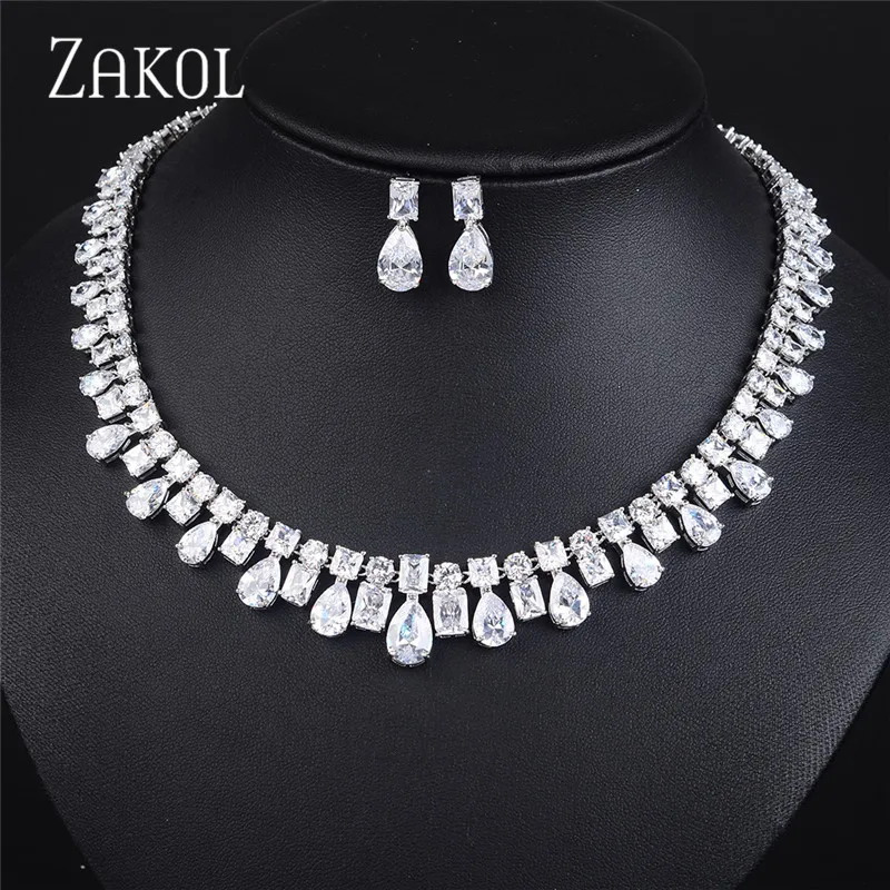 Комплект из колье и серёг квадратной формы с фианитом|bridal wedding jewelry sets|necklace setwedding