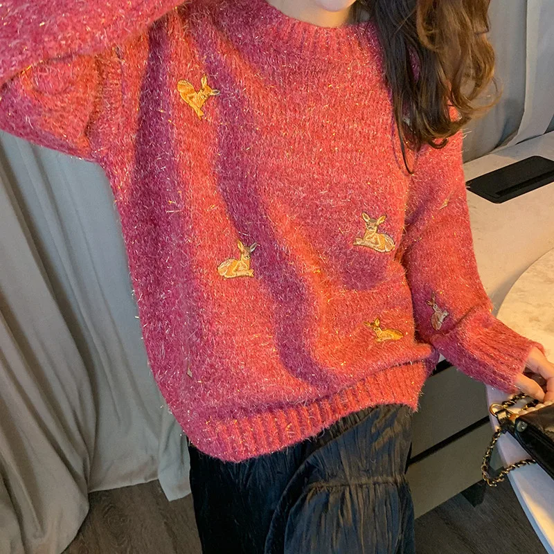 

Christmas Sweaters 2022 Women's Kawaii Vintage College Deer Embroidery Sweater Female Korean Thick Cute Loose Harajuku Clothing