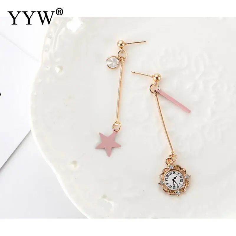 

Long Five-Pointed Star Alarm Clock Earrings Asymmetrical Earrings Personality And Creative Temperament Earrings For Feamle
