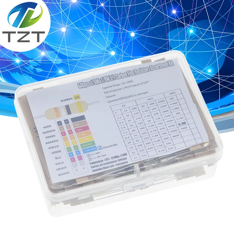 

1/8W 5% 640pcs 64 значения 1R - 10MR 0,125 W углеродная пленка комплект резисторов в ассортименте Set