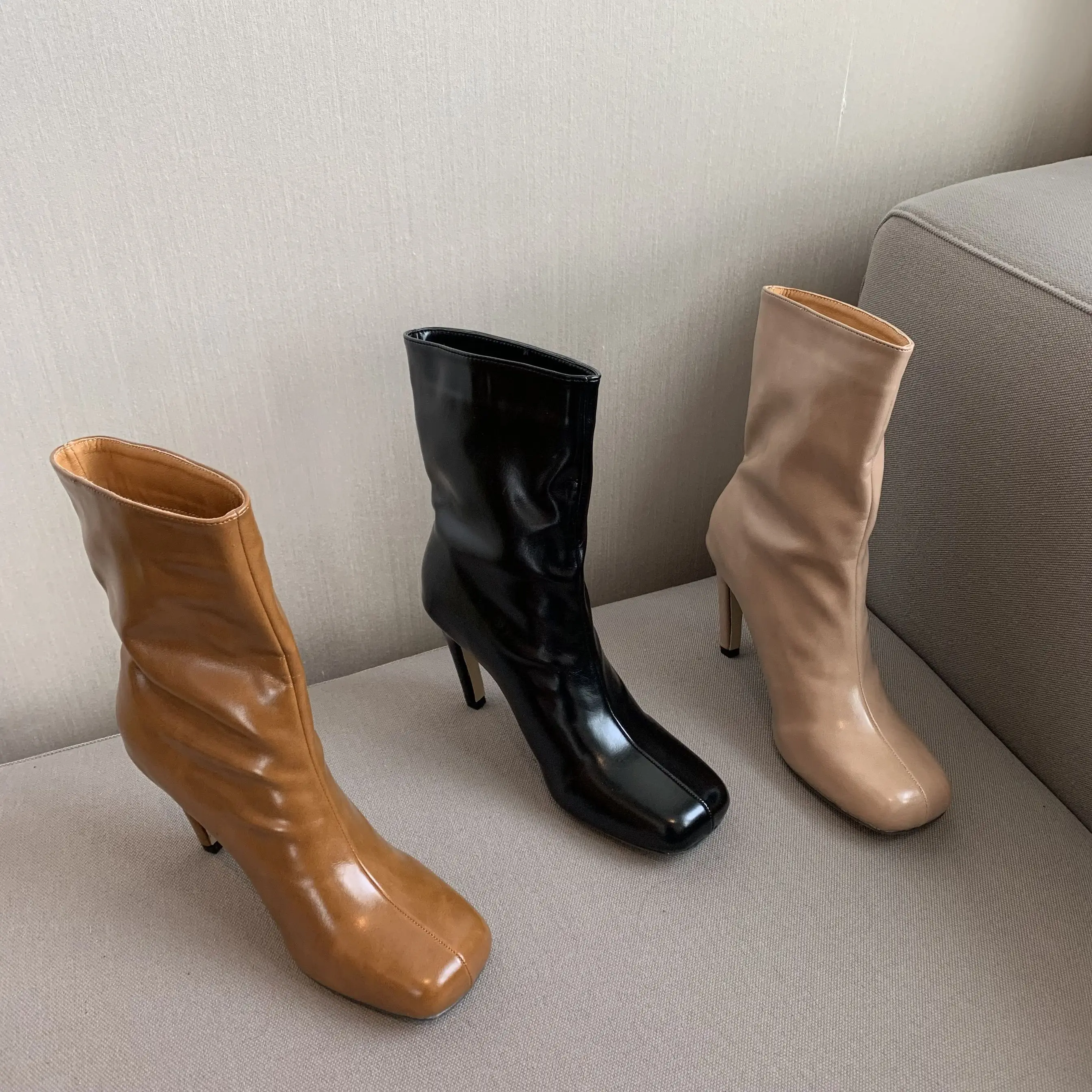 

2021 High Heels Women Ankle Boots Patent Leather Women Mid Calf Boots Gladiator Short Booties Black/Beige/Brown Thin Heeled 39