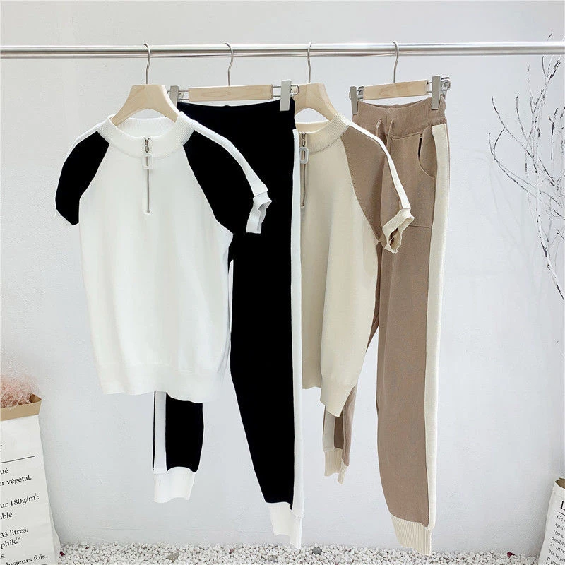 

Summer Contrast Color Short Sleeve Knitted Tracksuit Women Zipper Pullover T-Shirt Harem Pants Casual Patchwork Two-Piece Suit