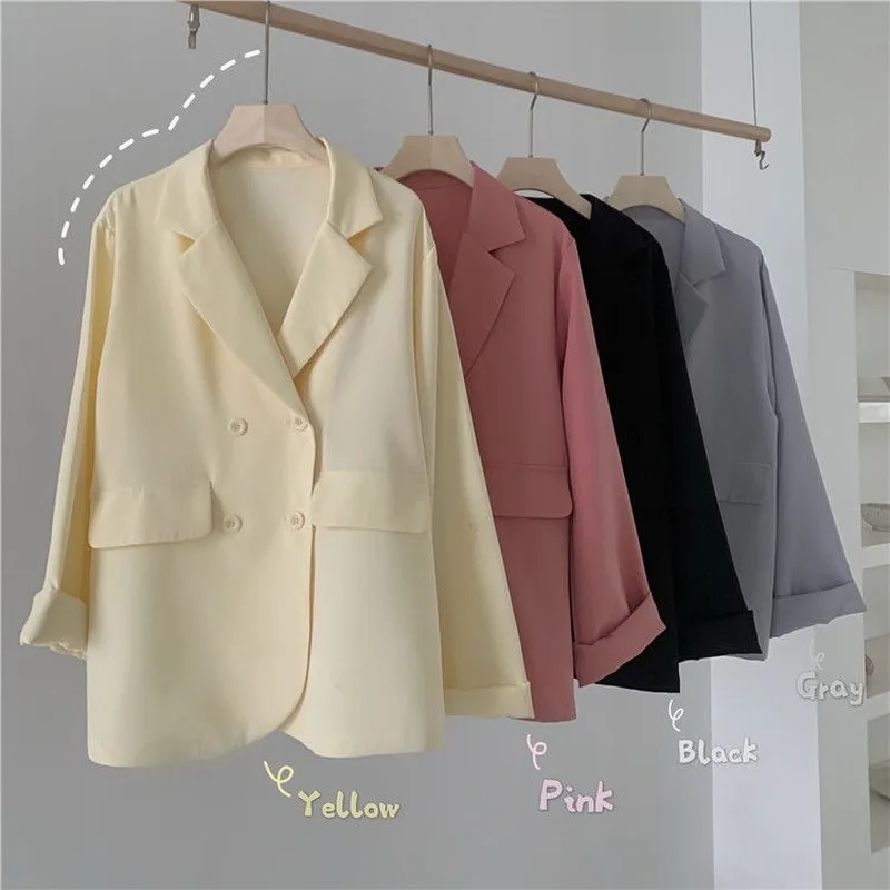 

Women Blazers Loose Notched Pockets Elegant Sweet Ulzzang Korean Style All-match Casual Simple Thin Double Breasted Womens Chic