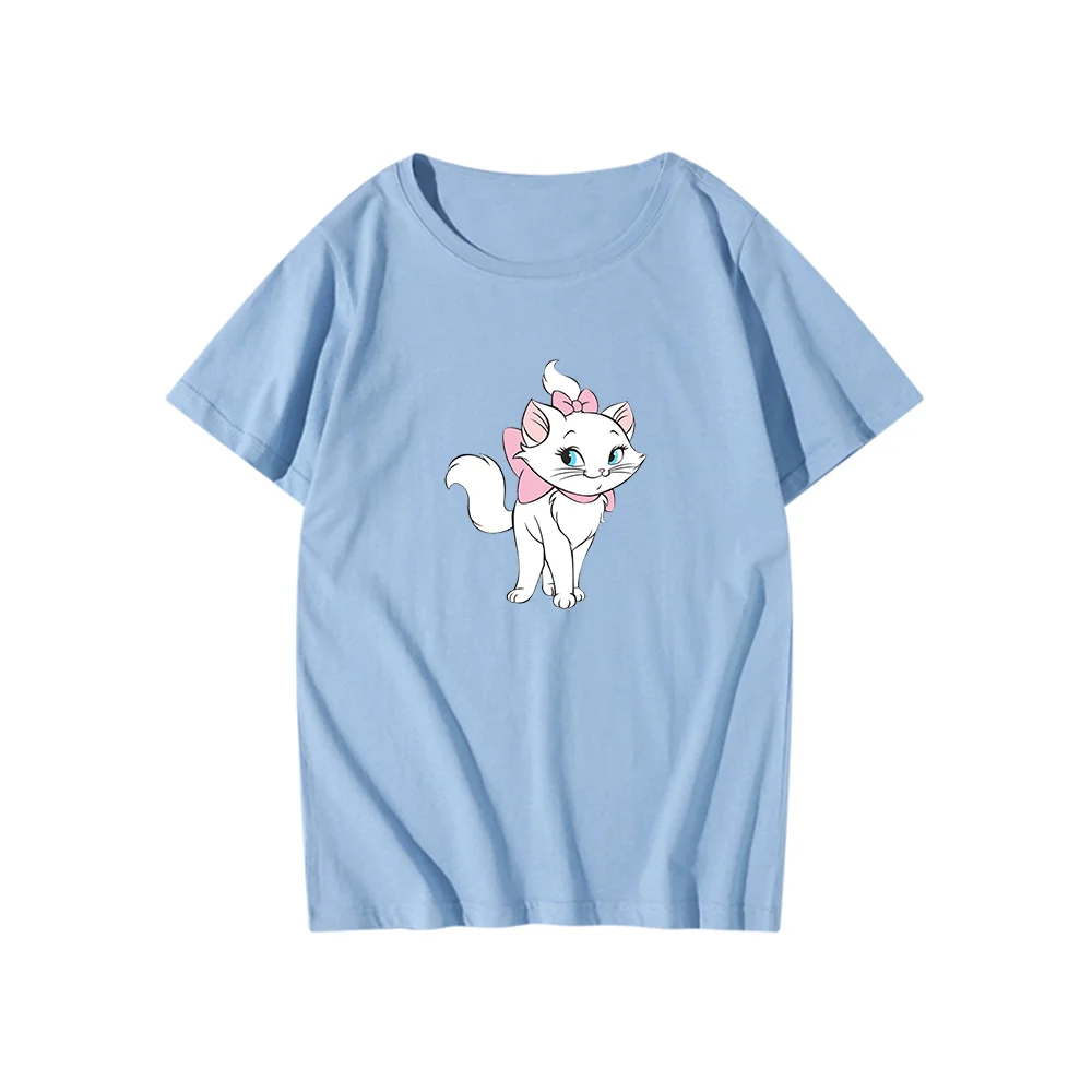 

Ladies T-shirt White Cat Print S-3XL Blue Round Neck Casual Fashion Harajuku Women Summer Short Sleeve Tee