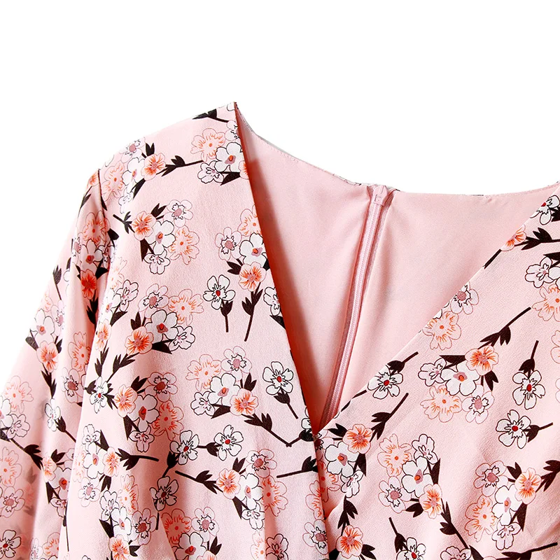 100% Real Silk Dress Pleated Floral Printed V Neck Half Sleeve A-line Casual Style New Fashion Summer 2019 | Женская одежда