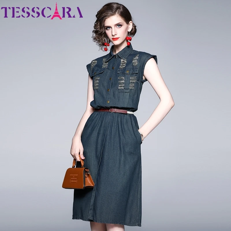 Женское джинсовое платье TESSCARA элегантное винтавечерние ное вечернее без рукавов