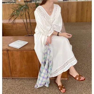

White Loose Elegant Lace Patchwork Women's Long Dress Plus Size Lantern Sleeve Hollow Out Clothes Female Vintage Dress