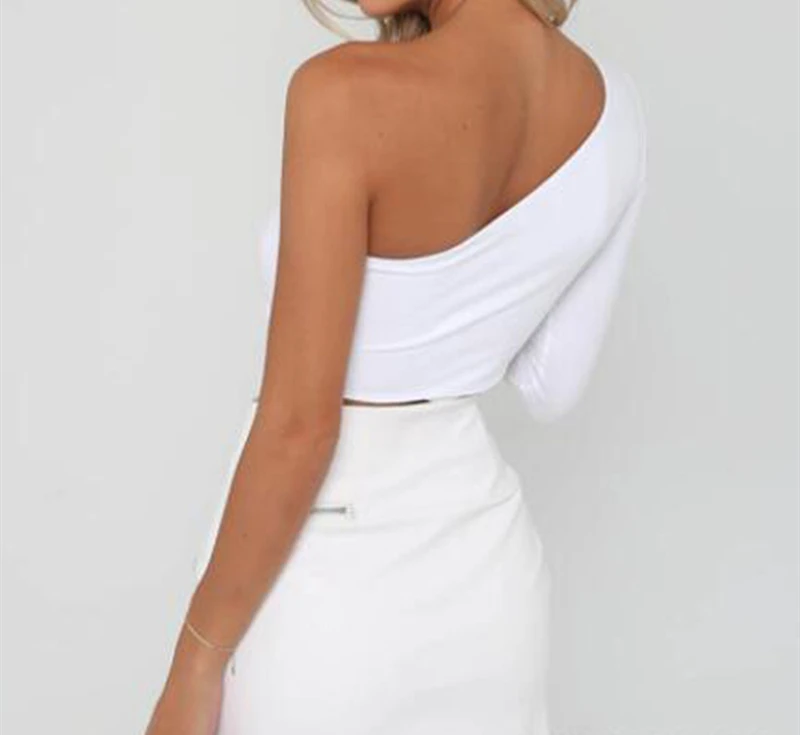 

One Shoulder Slope Neckline T Shirt Sexy Solid Long Sleeve Women's Tshirt White Black Crop Top T-shirt 2021 New Fashion