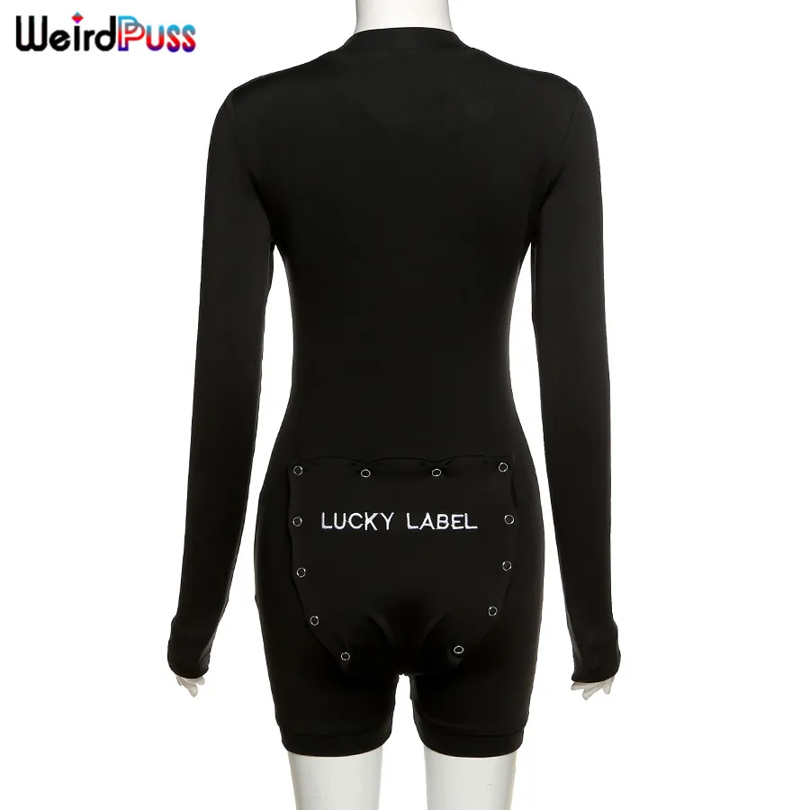 

Weird Puss Lucky Label Embroidery Romper Button V-Neck Skinny Fitness Biker Shorts Playsuits Stretchy Casual Activewear Outfits