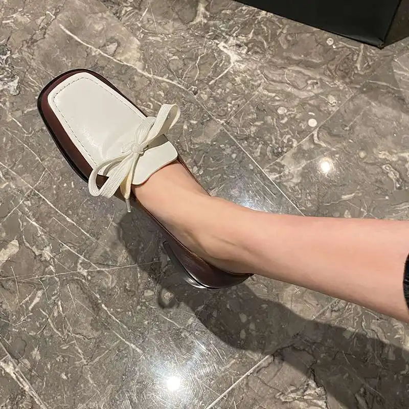 

Krazing Pot full grain leather sqaure toe med heel mixed colors butterfly-knot French romantic beauty fashion women pumps L40