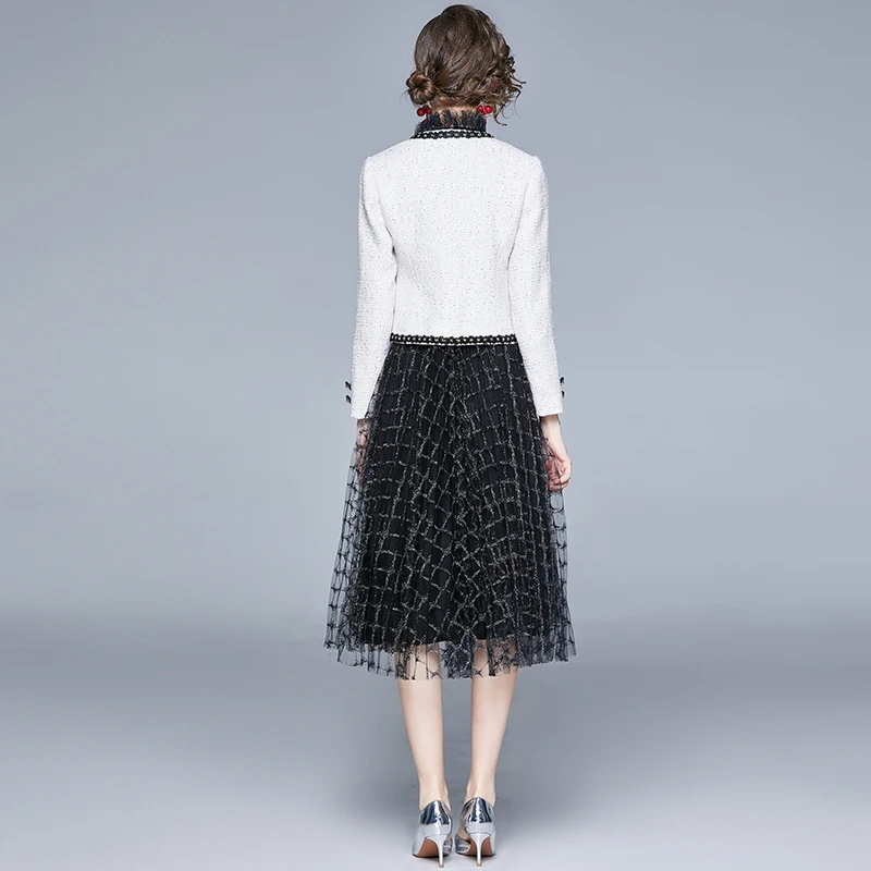 

New Elegant Vintage Women two-piece piece V-neck coat + sequin diamond lattice mesh tunic dress