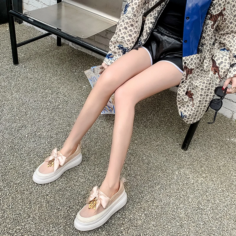 

Platform Shoes Woman Heels Crystal Women Slipon Flat Shoes 2021 Spring New Genuine Leather Office Lady Summer Shoes For Women