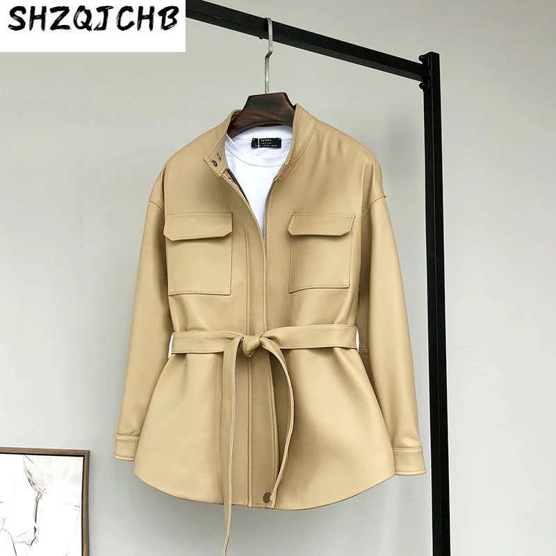 

SHZQ кожаное пальто, женская одежда средней и длинной из овечьей кожи, ветровка, пальто