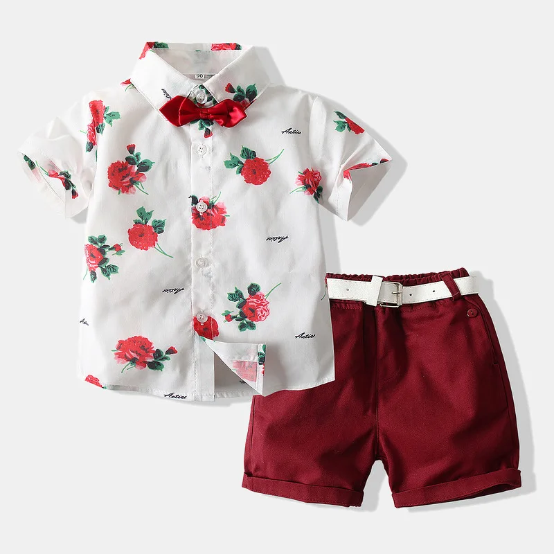 

2021 New Summer Boy Clothing Set Kids Short Sleeve Shirt & Shorts Suit Floral T-shirt Bowknot Toddler Boys Clothes Rose