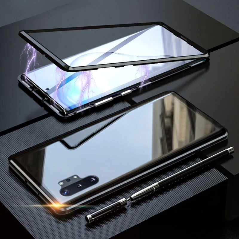 Black Полный корпус защитный чехол для телефона для samsung Galaxy Note 10 Plus Магнитный чехол для samsung S10 Note10 Plus металлический чехол Bumber - Цвет: Black