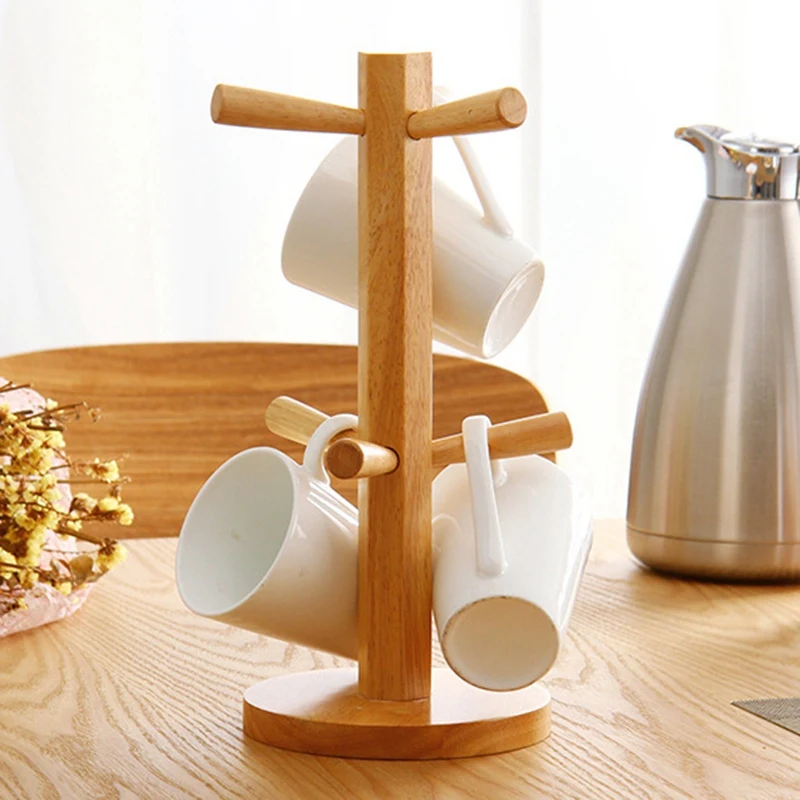 Tree Shape Wood Coffee Tea Cup Storage Holder Stand Kitchen Mug Hanging Display Rack Drinkware Shelf with 6 Hooks | Обустройство дома