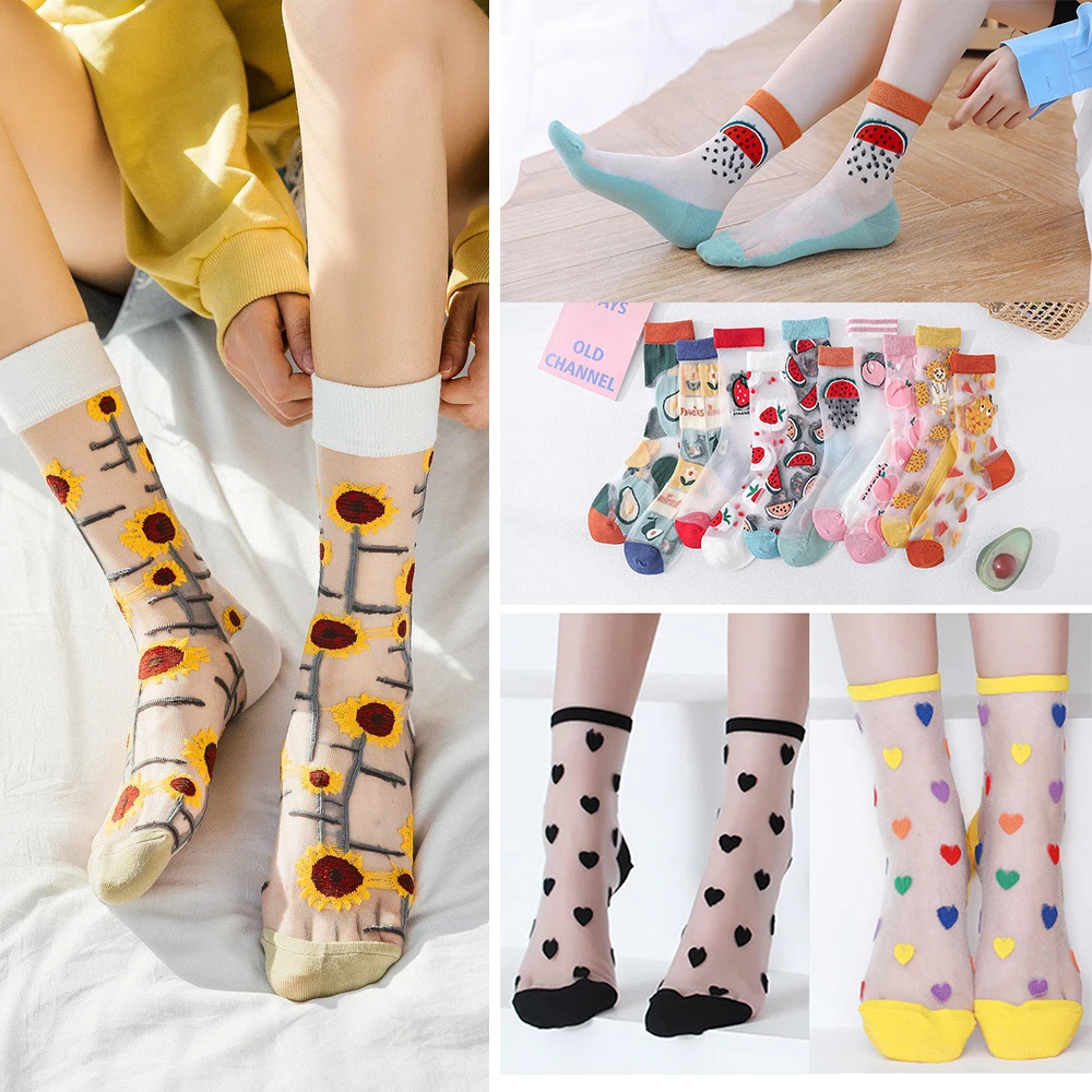 

Breathable Socks With Printed Colorful Cool Thin Women Girl Socks Short Thin Silk Mesh Short Tube Sock Sokken Summer Spring