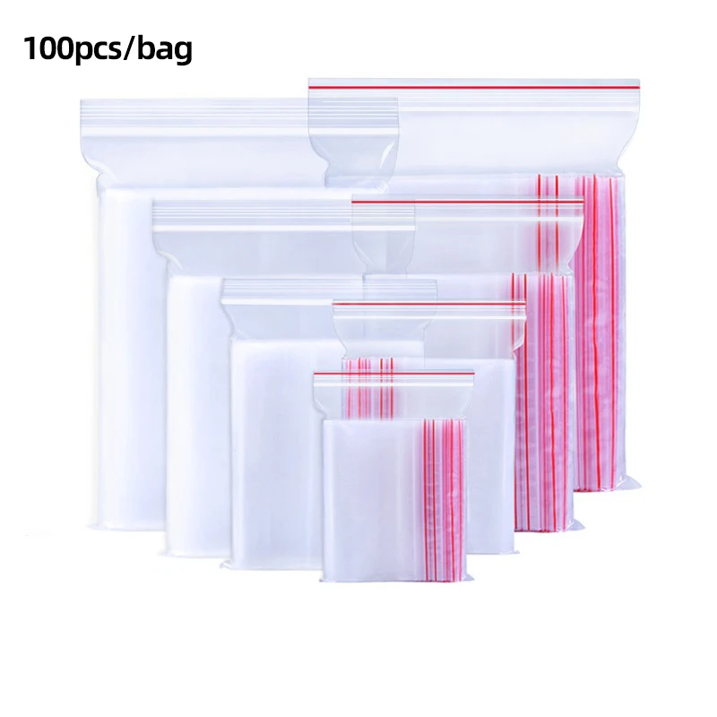 

100pcs/pack Resealable Zip Lock Bags Self Seal Clear Poly Bag Food Storage Package Vacuum Storage Bag Reclosable Fresh Organizer