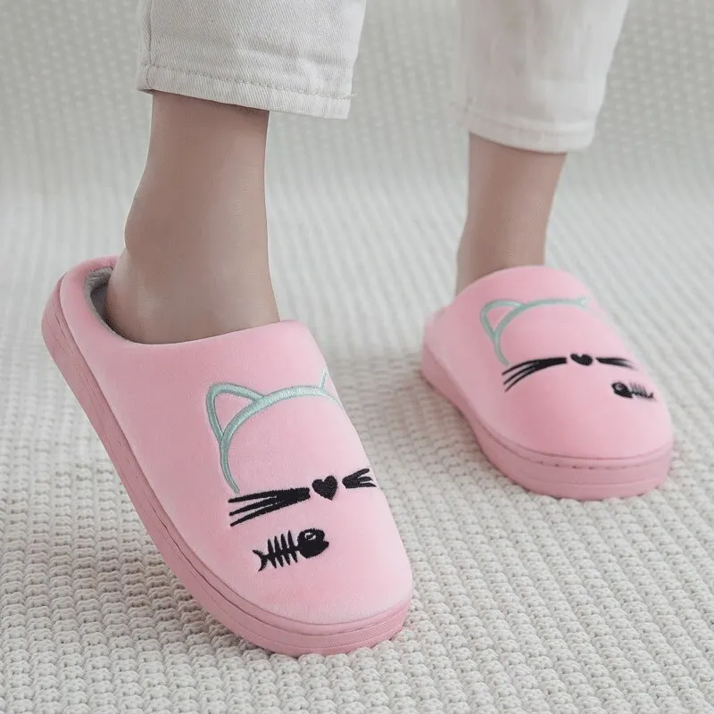 Pink Women Winter Home Slippers Cartoon Cat Shoes Non-slip Soft Warm House Slippers Indoor Bedroom Lovers Couples Shoes - Цвет: Pink
