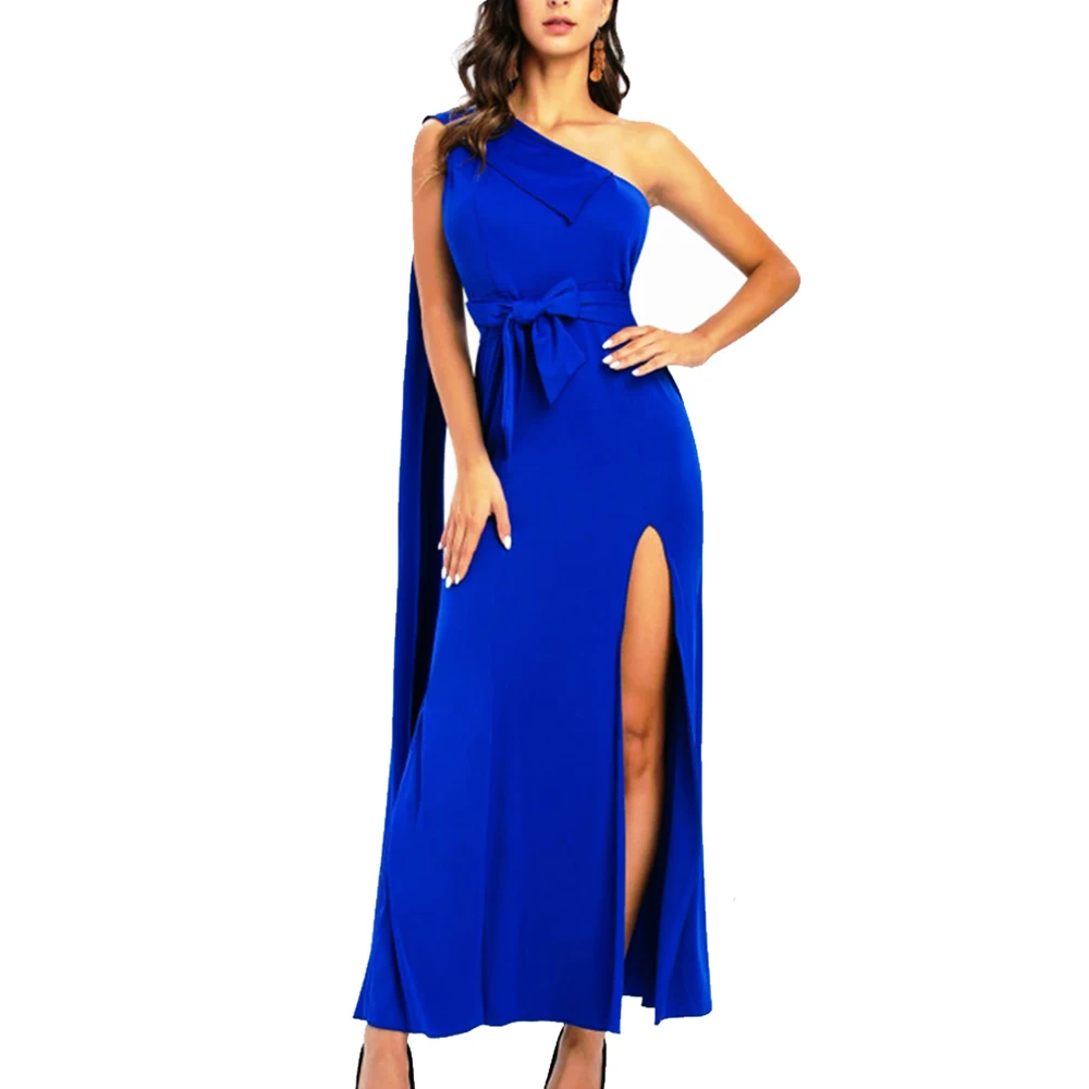 

Woman Dress 2021 Spring Summer Elegant Sexy High Splite One-Shoulder Cross Strap Bow Long Dress Casual Loose Formal Party Dress