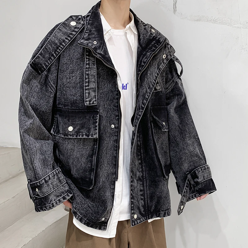 

2019 autumn multi-pocket jacket loose handsome denim jacket men's loose lapel denim jacket