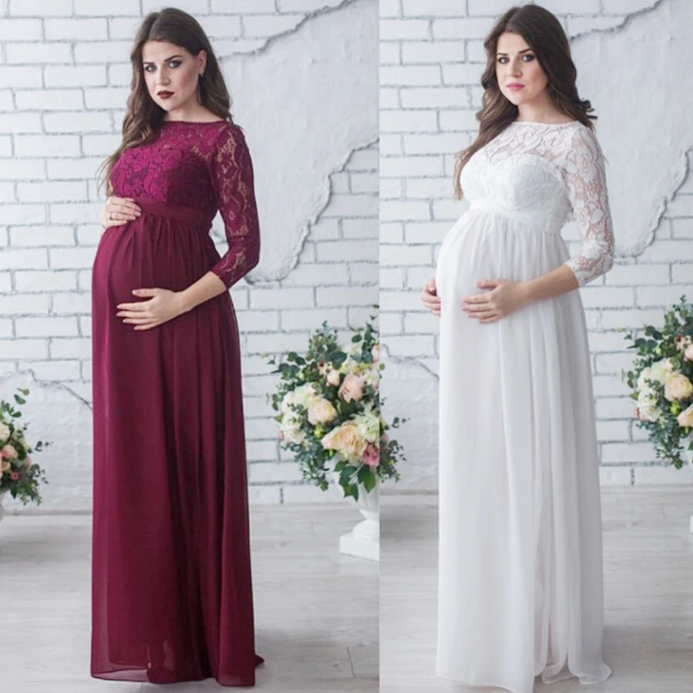 Maternity Dresses for Photo Shoot  Baby Shower  Pregnancy Shooting Black  Lace Round Neck  Long Skirt White Black Red2021summer enlarge
