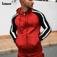 men patchwork stripe top hooded sweatshirt sexy mens clothing 2021 autumn fashion zipper pocket casual pullovers male streetwear