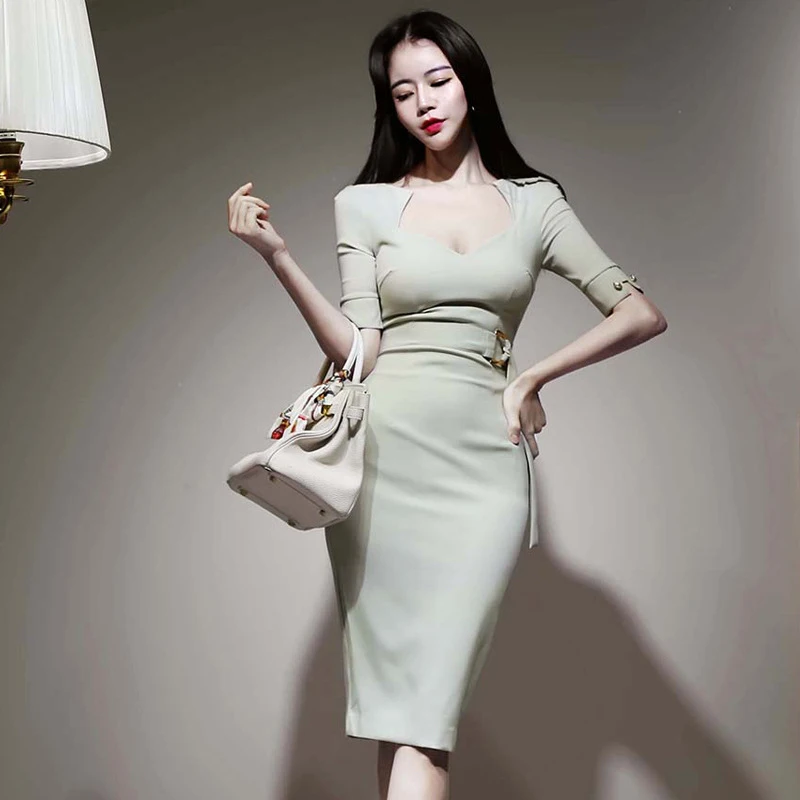 

Новое поступление, модные вечерние облегающие платья, женское Элегантное летнее платье-карандаш с квадратным воротником, простое офисное п...