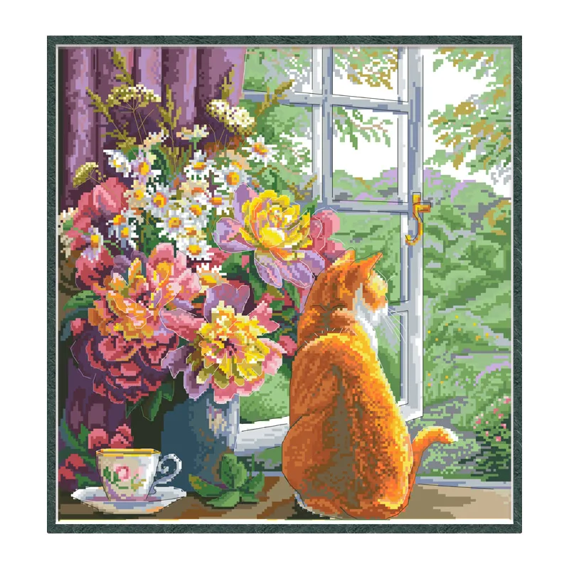 

Summer Afternoon Cross Stitch Pattern Kits Cats Unprinted Canvas Embroidery Needlework 11 14CT DIY Handmade Home Decor Paintings