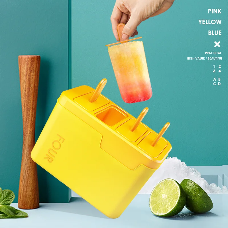 

QD 4 Hole Silicone Ice Cream Mould Ice Cube Tray Popsicle Barrel Diy Mold Dessert Ice Cream Mold with Popsicle Stick