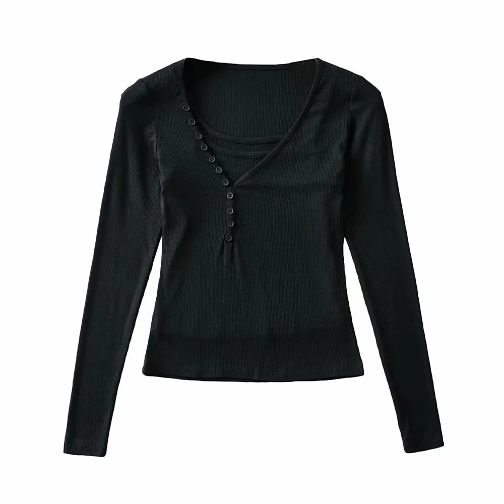 

Women Top Two Pieces Suit Casual Asymmetrical Collar Long Sleeve Buttons And Sexy Vest Set Basic Solid Elastic Streetwear Autumn
