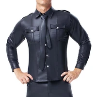 aiiou sexy black faux leather long sleeve shirt wet look cool undershirt latex shirt male uniform clubwear night stage costume