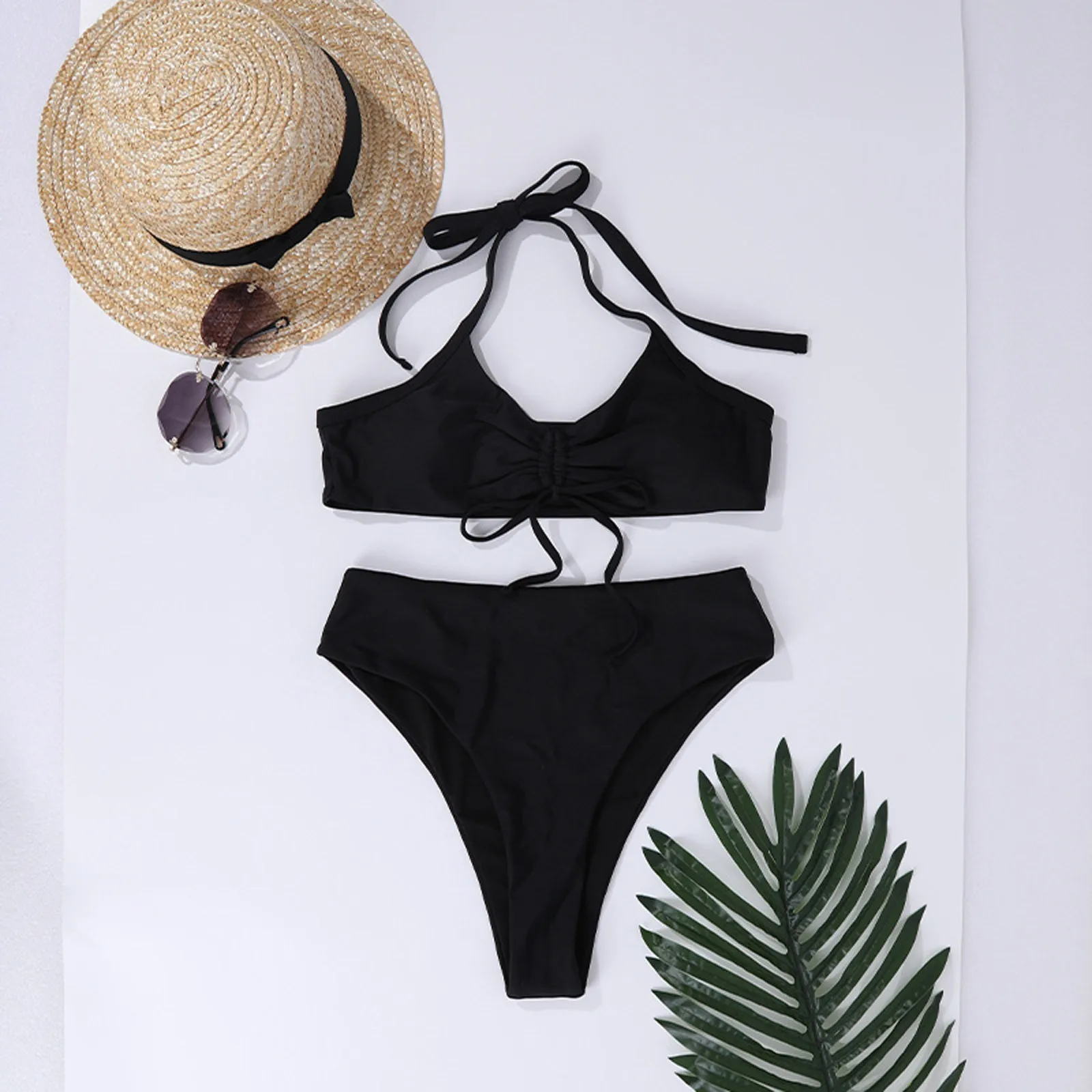 

2021 Sexy Bikini Swimsuit Women Fashion Solid Color Cross Halter High Waist Split Two-piece Female Brazilian Bikini Swimsuit