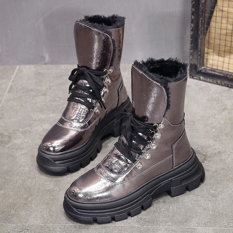 Блестящие Серебристые зимние ботинки Модные женские кожаные на меху женская