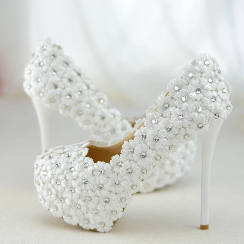Свадебные туфли женские на высоком каблуке шпильке с круглым носком Кружевные