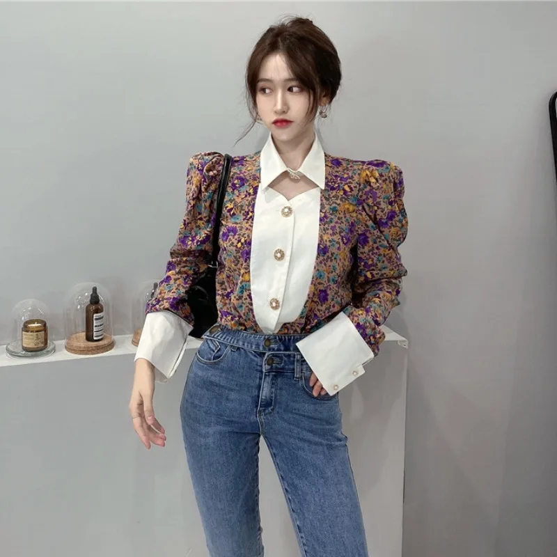 

KUSAHIKI Korean Hit Color Patchwork Floral Blouses Causal Puff Sleeve Women Tops Hollow-out Turn-down Collar Blusa Shirt 6F577