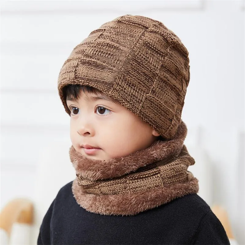 Детская зимняя вязаная шапка шарф комплект для мальчиков и девочек плюшевая