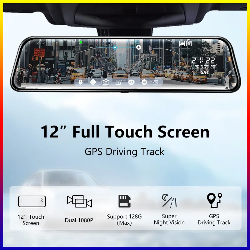 Автомобильный видеорегистратор DEVELUCK 12 дюймов IPS 1080P с двумя объективами GPS-треком