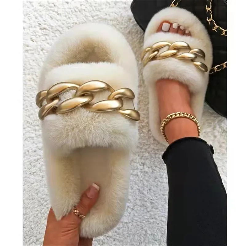 

2021 Winter Women's Home Slippers Hairy Cozy Memory Foam Warm Flat Shoes Plush Soft Fashion Chain Band Cotton Fluffy Flip Flop