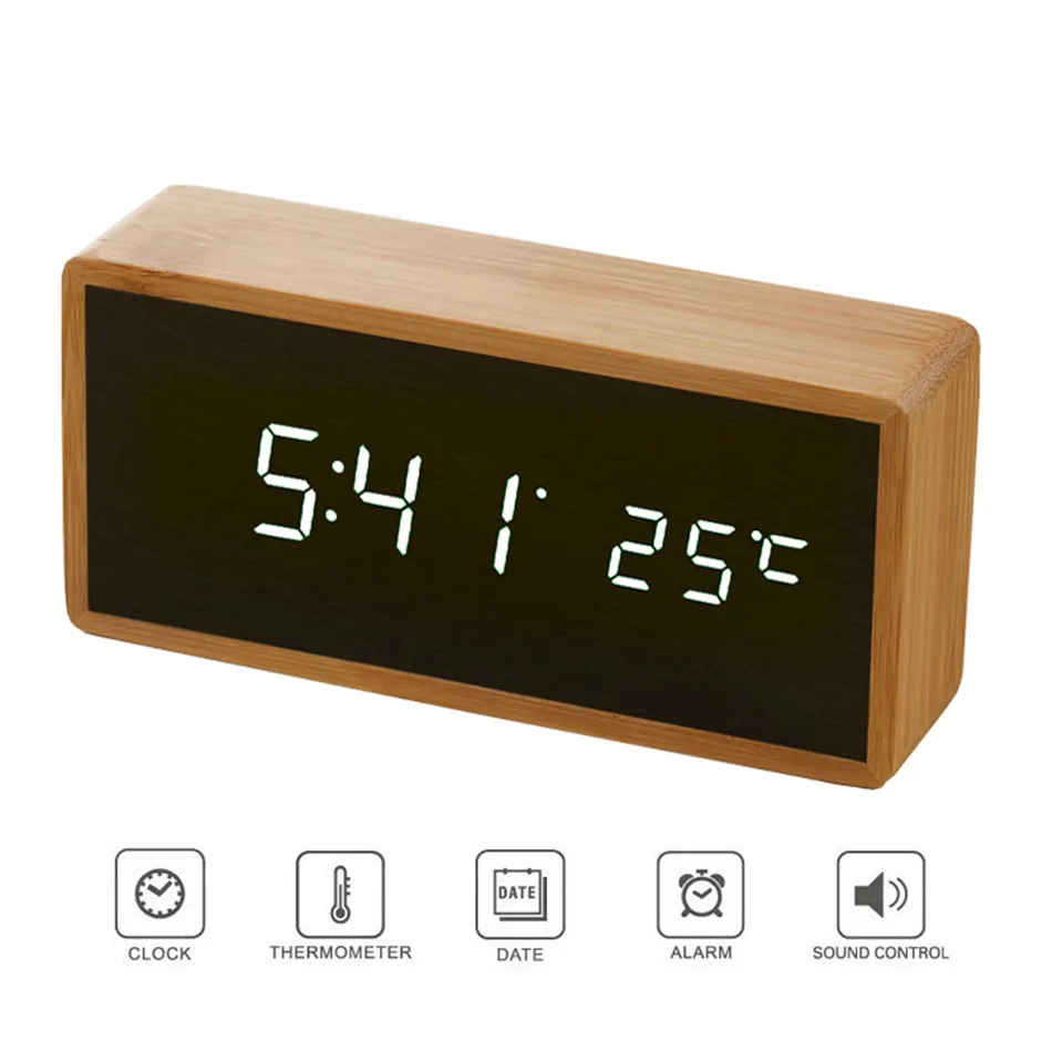 

Bamboo Wooden Mirror Alarm Clocks Temperature Sounds Control Desktop Clock With Digital Watch Electronic LED Clocks Despertador