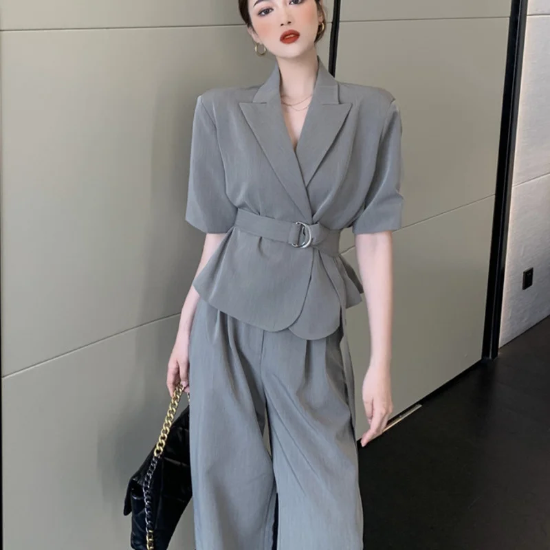 

Korean Chic Casual 2 Piece Set Women Lapel Short-sleeved Blazer Coat + Wide Leg Pants Suits Summer Tops Trousers Two Piece Set
