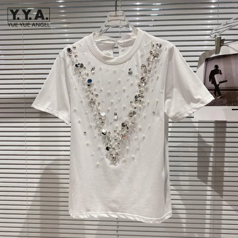 

Fashion Sequined Beading Design Black White T Shirt Women Summer Short Sleeve Casual Tees Tops O Neck Pullovers T Shirts Female
