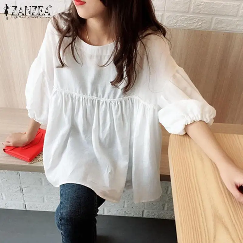 

2021 летние офисные женские топы, Повседневная однотонная туника с пышными рукавами ZANZEA, модная женская плиссированная блузка, женская Свобо...