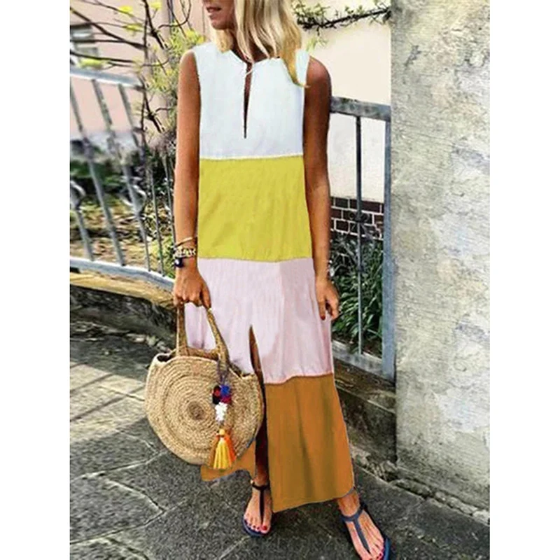 Новое Женское свободное модное платье без рукавов с v-образным вырезом дышащее